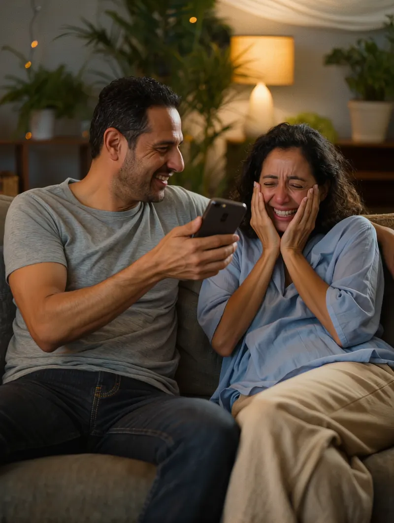 Mulher emocionada ouvindo a música que o marido mostra no celular
